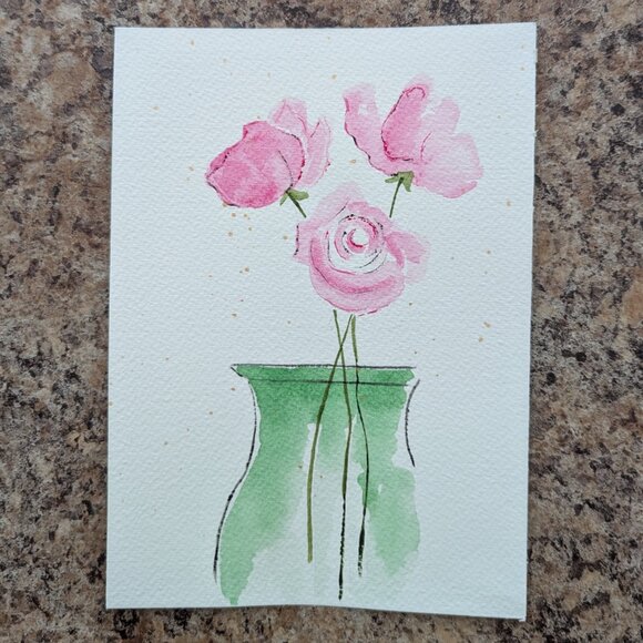 Original Painting Roses in Green Vase Wall Art Decor - Picture 2 of 2